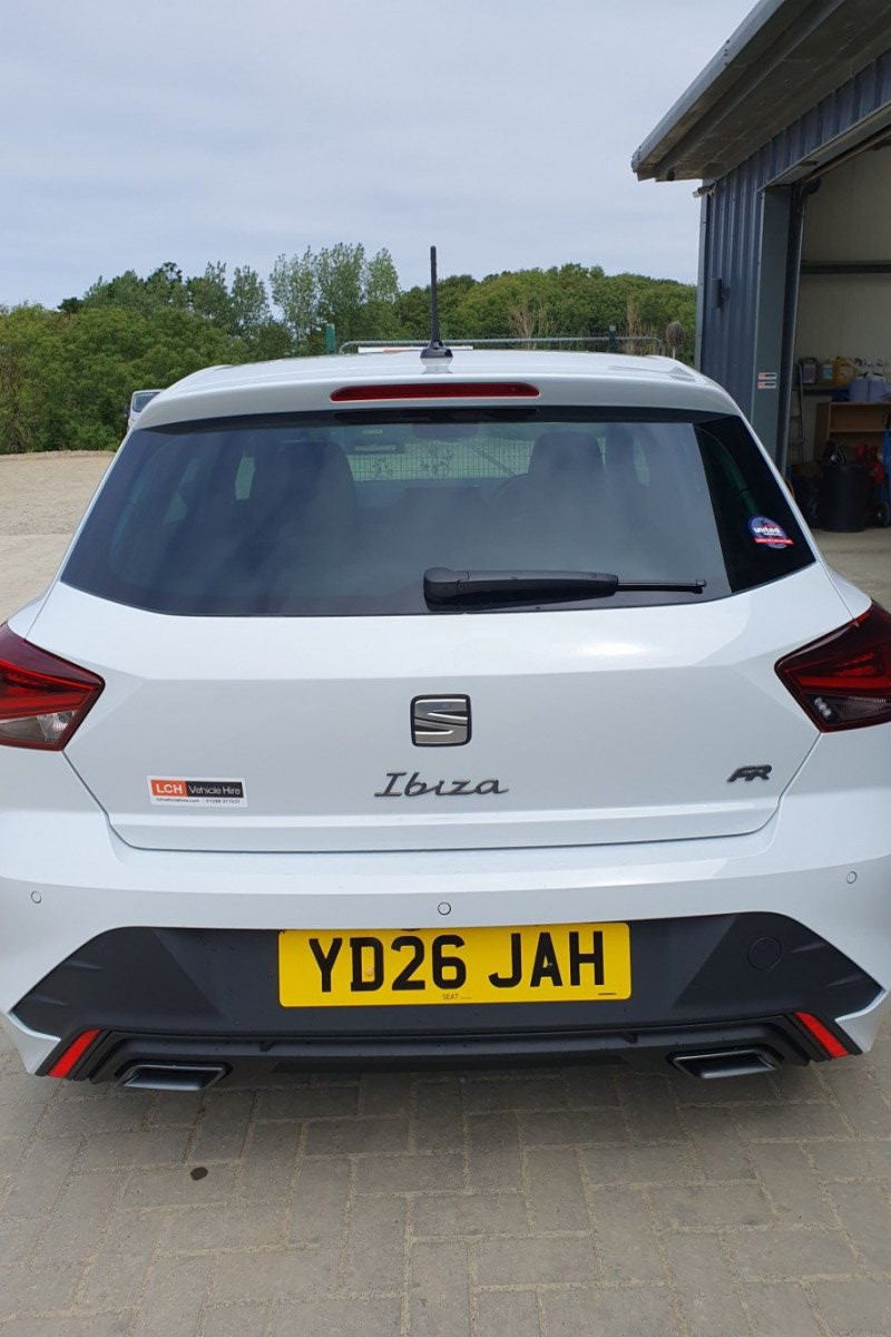 Exterior view of boot area of Seat Ibiza FR for hire in North Cornwall